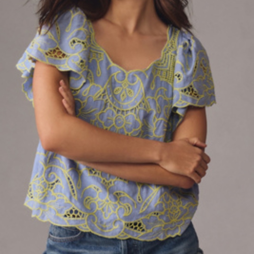 Embroidered Flutter Sleeve Top in Light Blue and Yellow - Women